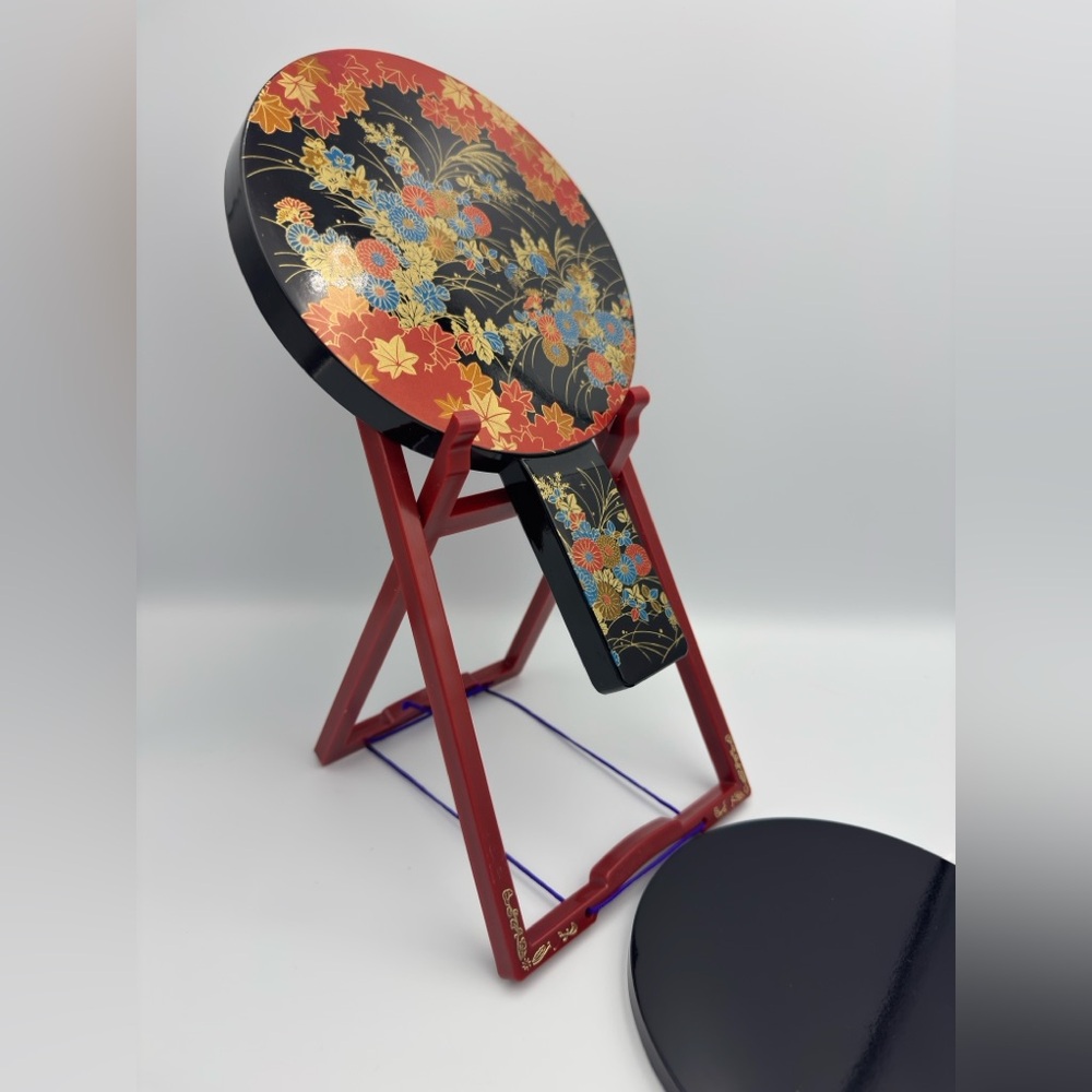Vintage japanese hand mirror floral design with stand